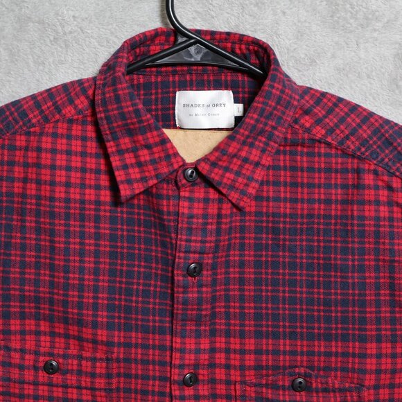 Shades of Grey Micah Cohen Shirt Mens Large Red Navy Plaid Flannel Button Down - Picture 2 of 11